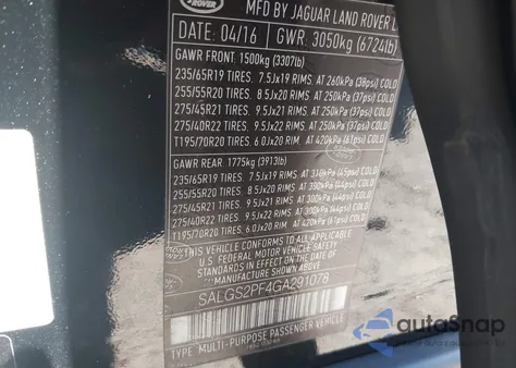 2016 Land Rover Range Rover 3.0L V6 Supercharged Hse z USA, uszkodzony, nr VIN SALGS2PF4GA291078